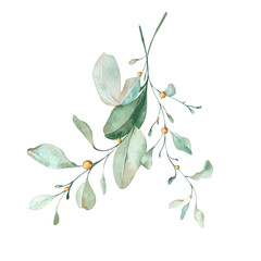 Eucalyptus Branches and Herbs. Watercolor Illustration in Blue Turquoise Tones. Design Elements for Cards, Invitations, Flyers, Posters, Home Textiles, Stationery