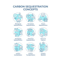 Carbon sequestration soft blue concept icons. Co2 emission, forestation. Greenhouse gas. Icon pack. Vector images. Round shape illustrations for infographic, presentation. Abstract idea
