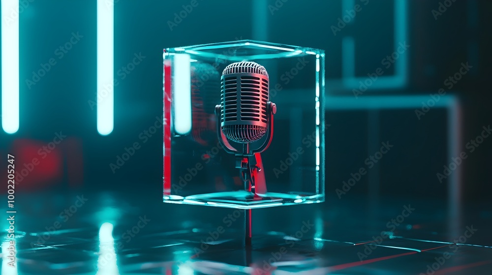 Poster Mesmerizing abstract composition featuring a microphone encased within a glass cube with reflections and refractions creating an optical illusion of captivating visual interest and creative intrigue