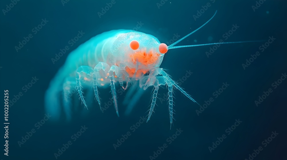 Poster mesmerizing bioluminescent amphipod captivating close up of a glowing marine crustacean revealing it