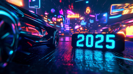 Futuristischer 2025 Silvester-Hintergrund: High-Tech-Neujahrsdesign mit leuchtenden Zahlen. Cyberpunk-Ästhetik trifft Festtagsglanz. Zukunftsvisionen