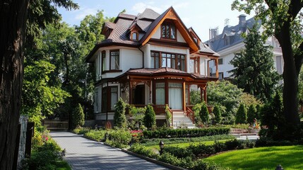 Large, luxurious house in a peaceful city street, with plenty of space for copy in the background.