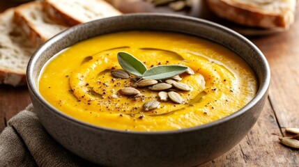 Rustic Table with Creamy Butternut Squash Soup and Sourdough Bread