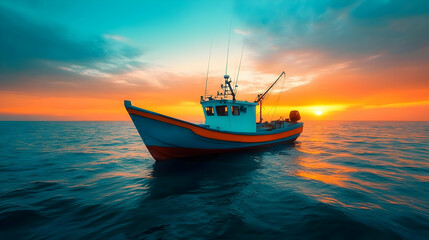 Fototapeta premium A vibrant fishing boat floats on serene waters during a stunning sunset, capturing the beauty of nature and seafaring life.