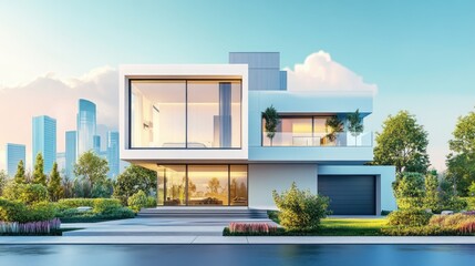 Fototapeta premium Modern architecture in the city, with a luxurious home and space for text.