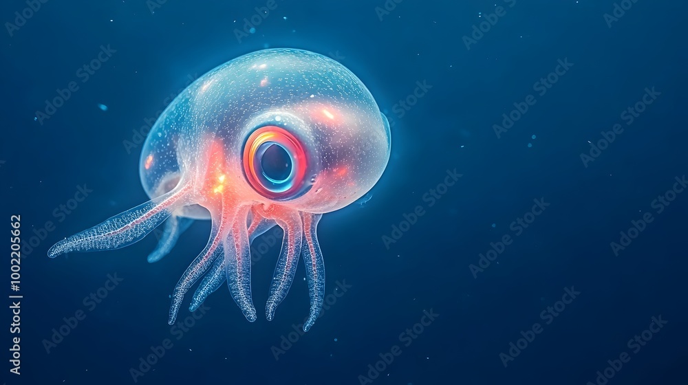 Poster Mesmerizing Shot of a Glowing Bobtail Squid with Its Tiny Luminous Tentacles Floating in the Depths of the Captivating Underwater World