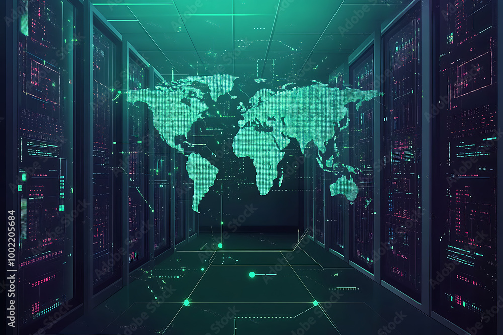 Poster a digital representation of a world map in a server room, emphasizing technology and connectivity.