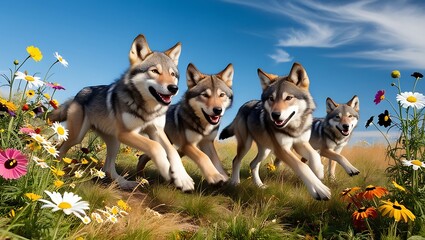 Experience the lighthearted charm of nature with this captivating image of young wolves playing in a vibrant meadow filled with wildflowers. 