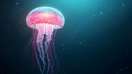Mesmerizing shot of a captivating glowing jellyfish with shimmering iridescent colors gracefully drifting in the deep blue ocean