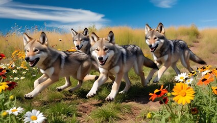 Experience the lighthearted charm of nature with this captivating image of young wolves playing in a vibrant meadow filled with wildflowers. 