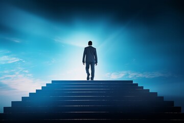 A person in a suit ascends a staircase toward a bright light against a stunning twilight backdrop