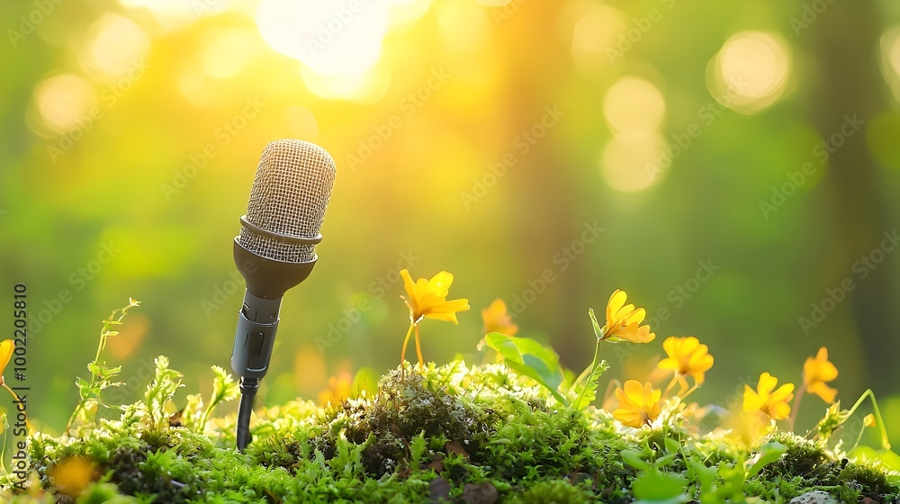 Poster microphone nestled in a bed of lush moss and vibrant flowers creating a captivating contrast and ble
