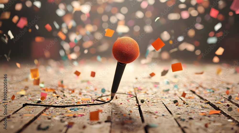 Aufkleber Microphone resting on a wooden stage floor with scattered confetti around it evoking a post event or atmosphere  The image has a studio like setting with clean background