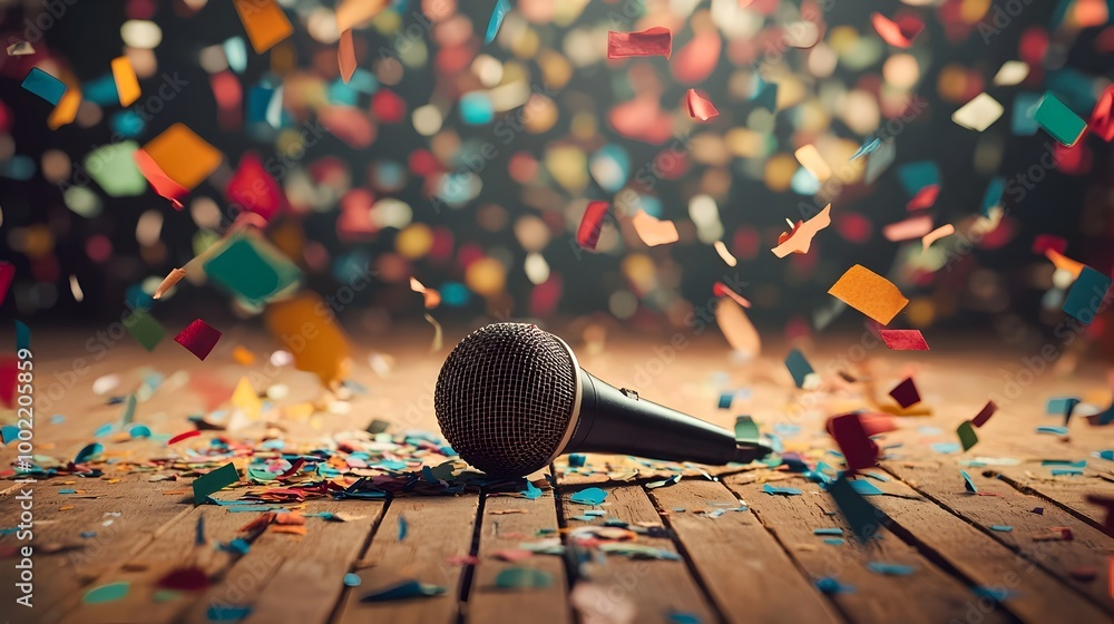 Poster microphone standing on a rustic wooden stage floor with colorful confetti scattered around creating 