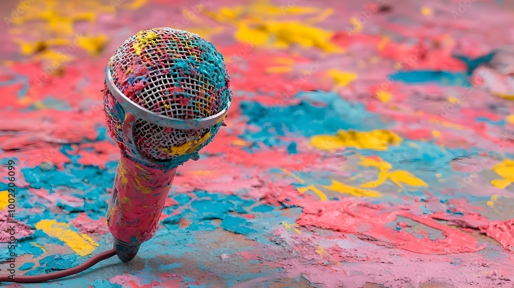 Poster Microphone wrapped in colorful abstract art patterns standing on a textured surface  This visually striking image represents the intersection of technology creativity and expression