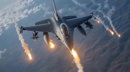 Military Jet Maneuvering Rapidly and Releasing Flares to Evade Missile Threats in the Dramatic Sky Scene