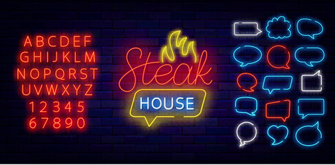 Grill bar neon signboard. Barbecue event invitation. Glowing red and white alphabet. Editable stroke. Vector stock illustration