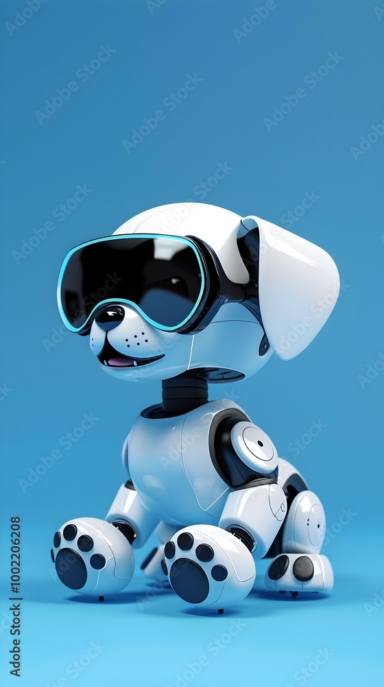 Poster futuristic ai powered virtual pet robot dog capable of learning tricks and responding to voice comma