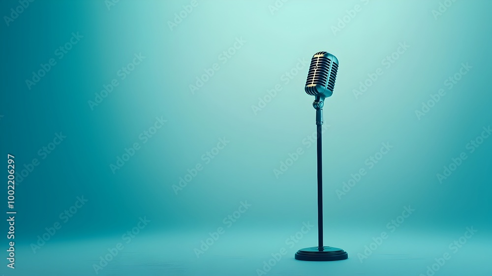 Aufkleber Minimalistic silhouette of a microphone standing tall on a clean bright white background with high key lighting creating a simple and elegant studio setup