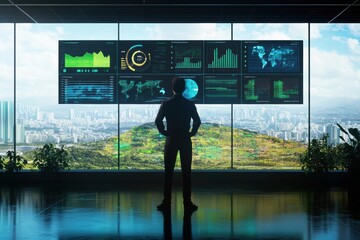 Fototapeta premium Climate change analyst monitors real-time data in a futuristic control room overlooking eco-friendly cities and landscapes. Generative AI