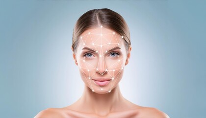 A woman with a face made of lines and dots. Lifting lines, advertising of face contour correction, female face skin lifting. Facial rejuvenation concept, cosmetology