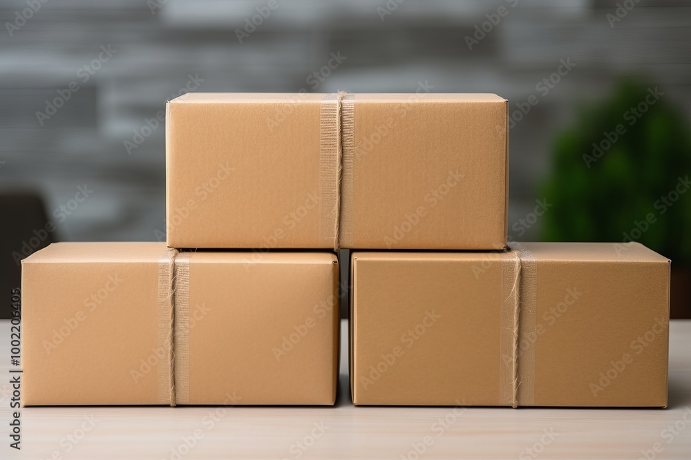 Poster four neatly stacked cardboard boxes tied with string in a modern indoor setting