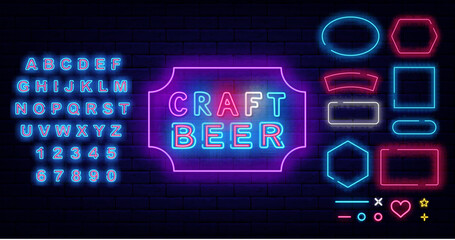 Craft beer neon label. Oktoberfest traditional Germany event. Alcohol party. Geometric frames set. Shiny alphabet. Light advertising. Editing text. Vector stock illustration