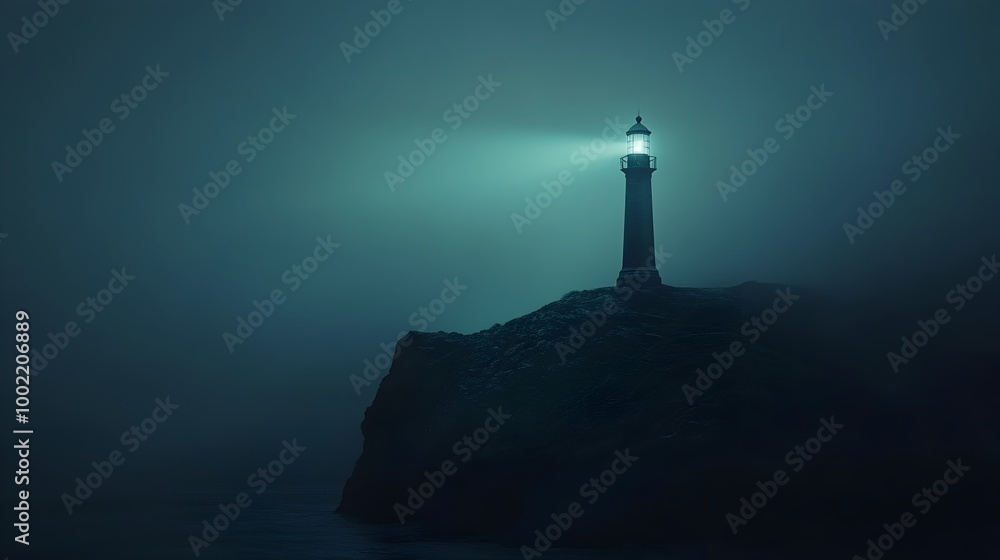 Aufkleber Mysterious lighthouse standing on the edge of an isolated island in the Bermuda Triangle emitting a strange and captivating green light that casts an eerie glow over the surrounding ocean