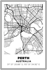 Black and white printable Street map art Perth city, Australia. Travel poster with coordinates, poster design, Modern Poster Wall Art Home Decor Ready to Printable