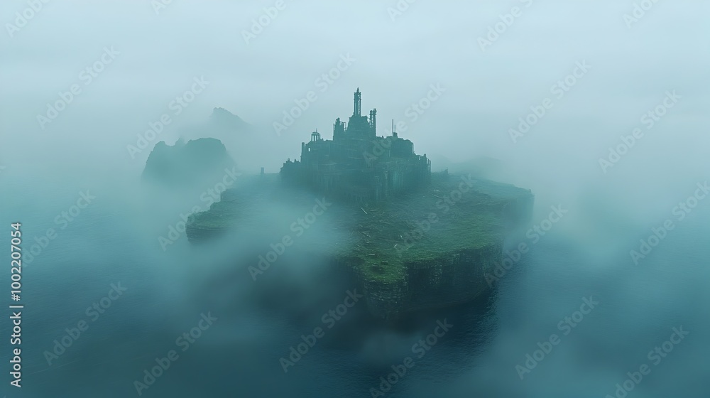 Aufkleber Mysterious unmarked island emerging from the thick fog in the Bermuda Triangle surrounded by the remnants of wrecked ships and vessels trapped in the mist
