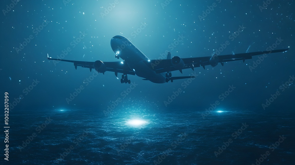 Poster Mysterious Plane Soaring Over Glowing Lights in the Bermuda Triangle   A Captivating Aerial View of the Unexplained Phenomenon in the Open Ocean