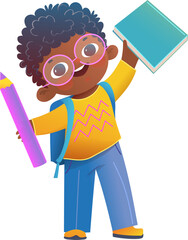 Cute African American Student with Book Backpack and Pencil Character Design. Education and learning pupil character cartoon. Vector graphic design illustration for elementary or middle school.