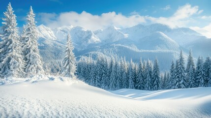Snow-covered mountains in a winter holiday resort, with space for copy in the sky.