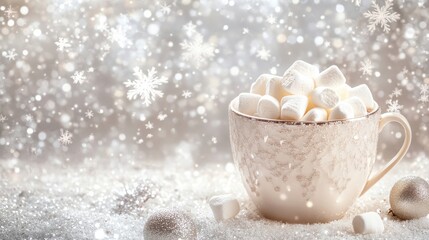 Fototapeta premium White Hot Chocolate Marketing Banner Featuring Marshmallows and Room for Text