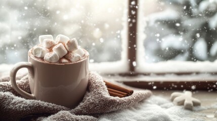 Hot Chocolate with Cinnamon and Marshmallows on Snowy Window Background