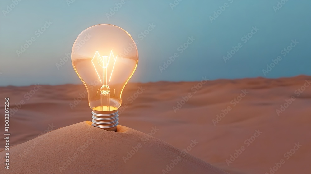 Aufkleber Oversized light bulb embedded in the sand glowing brightly as the desert darkens symbolizing the creative spark that can ignite even in the most desolate environments