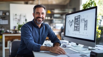 Architect Smiling at Camera While Working on Blueprint