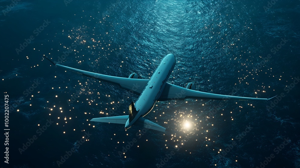 Poster Plane Soaring Above the Bermuda Triangle with Mystical Glowing Lights Below in the Ocean  A captivating aerial view of the mysterious Bermuda Triangle with a plane flying overhead and strange