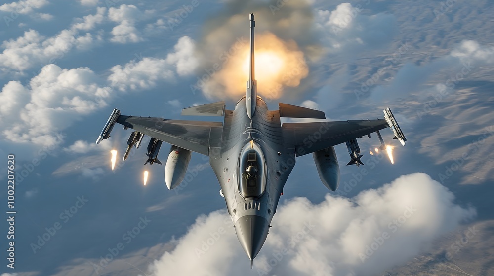 Poster Powerful Fighter Jet Unleashing Devastating Aerial Assault Firing Missiles and Piercing Clouds in a Dramatic Display of Military Might and Technological Prowess