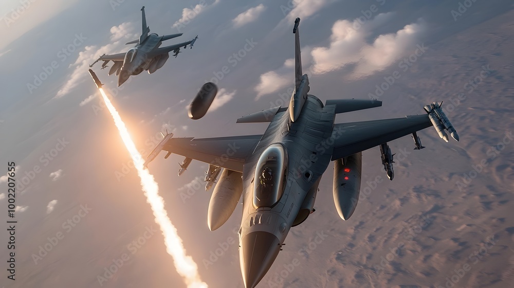 Poster Powerful fighter jets maneuvering at high speed through the sky capturing the intense aerial combat with missiles launching mid flight during a fierce dogfight