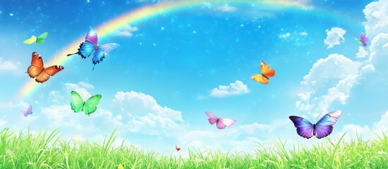 Obraz premium Colorful Butterflies Flying Over a Green Meadow with a Rainbow and Blue Sky Background