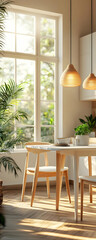 Obraz premium Bright and cozy dining area with natural light, featuring a wooden table, chairs, and lush indoor plants.