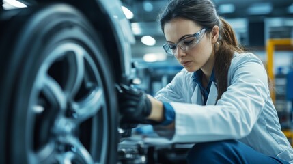 Fototapeta premium Female Automotive Engineer Inspecting Car Wheel in Factory