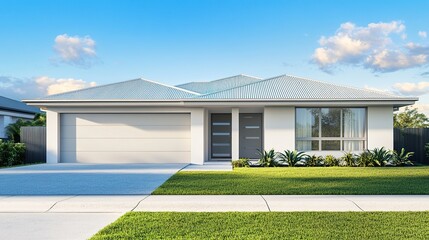 Front view of a modern house in Australian style with a garage, and a concrete driveway, on a blue sky background, Contemporary residence design. 3D render.