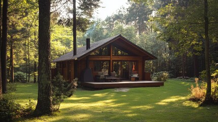 View of a peaceful holiday cabin in the woods, with ample space for text in the background.