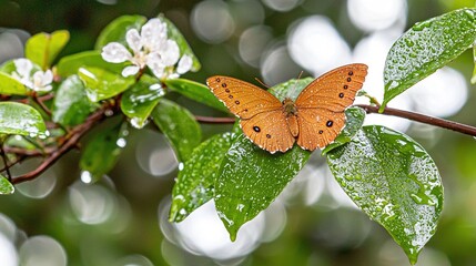 Obraz premium a butterfly perched on a tree branch with water droplets on the foliage and a sharp focus background