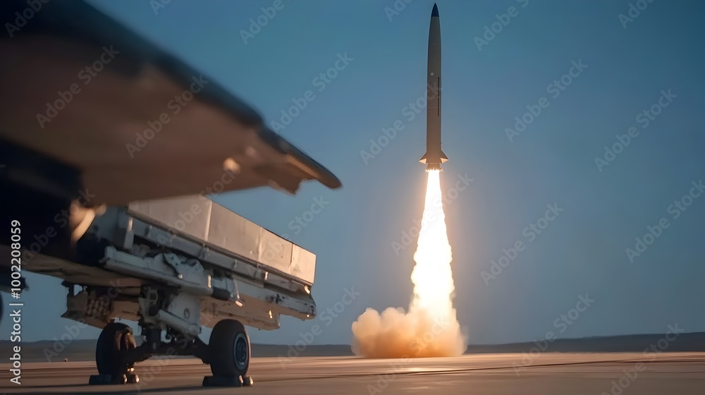 Poster Powerful Missile Launching from the Undercarriage of a High Performance Fighter Jet Capturing the Explosive Takeoff and Upward Trajectory as it Streaks Into the Sky