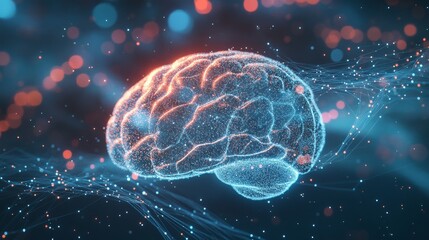 Fototapeta premium 3D render of a brain connected to quantum energy fields with particles and waves