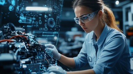 Female Engineer Working on Car Engine with Augmented Reality Interface