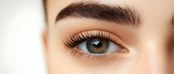 Obraz premium Close-up of a beautiful eye showcasing stunning eyelashes and natural brow. Perfect for beauty and cosmetic themes.